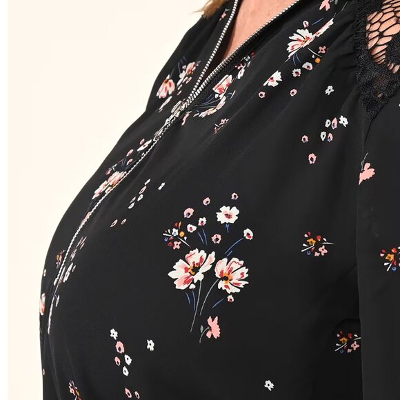 Tamsy Black Floral Printed Zip Neckline 3/4 Sleeve Blouse - S NEW - Picture 3 of 4